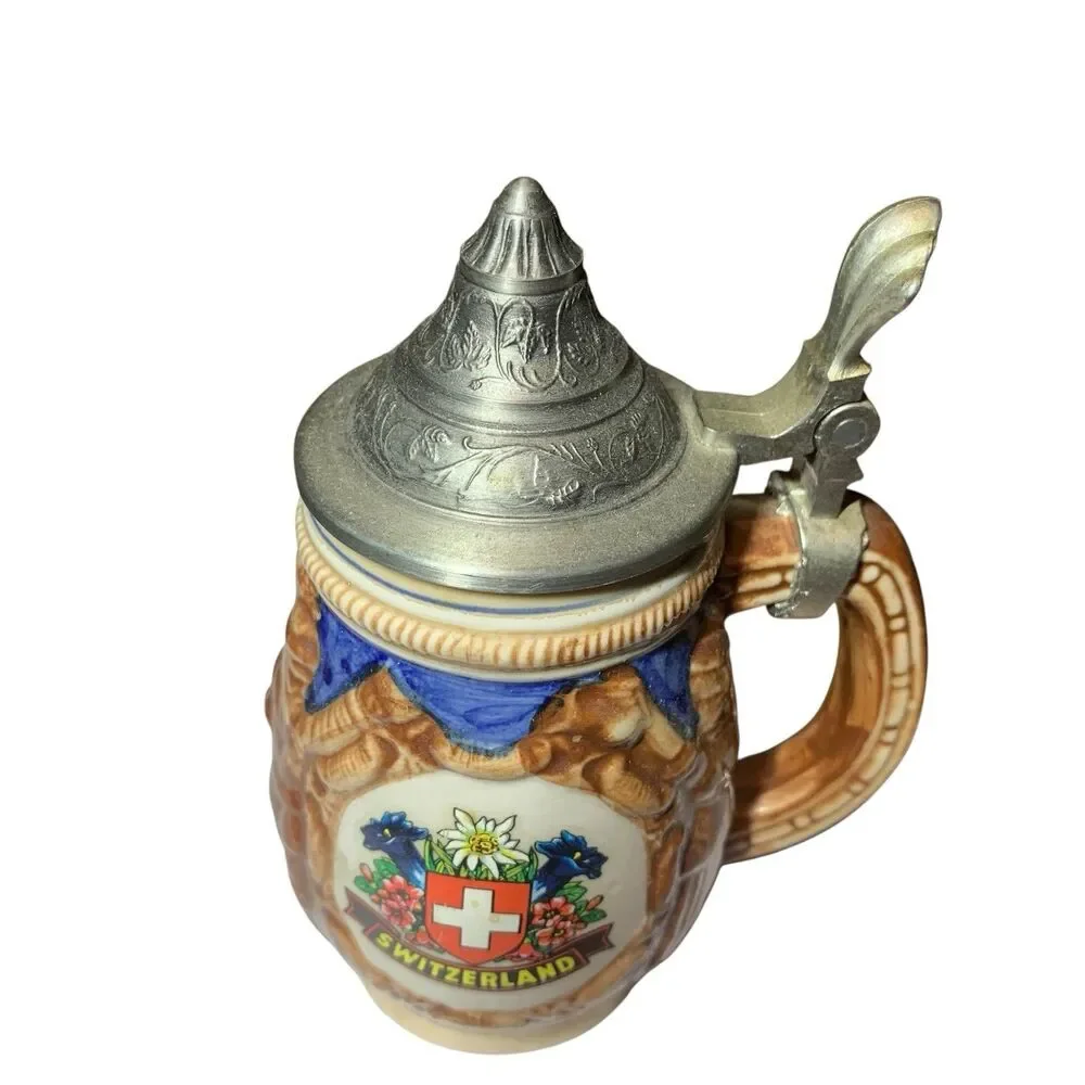 Vintage Switzerland Souvenir Ceramic Beer Stein 95% Zinn Pewter Lid